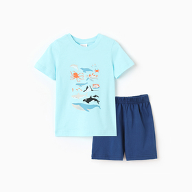 Комплект для мальчика "Киты" (футболка/шорты), цвет голубой/синий, рост 104-110 см