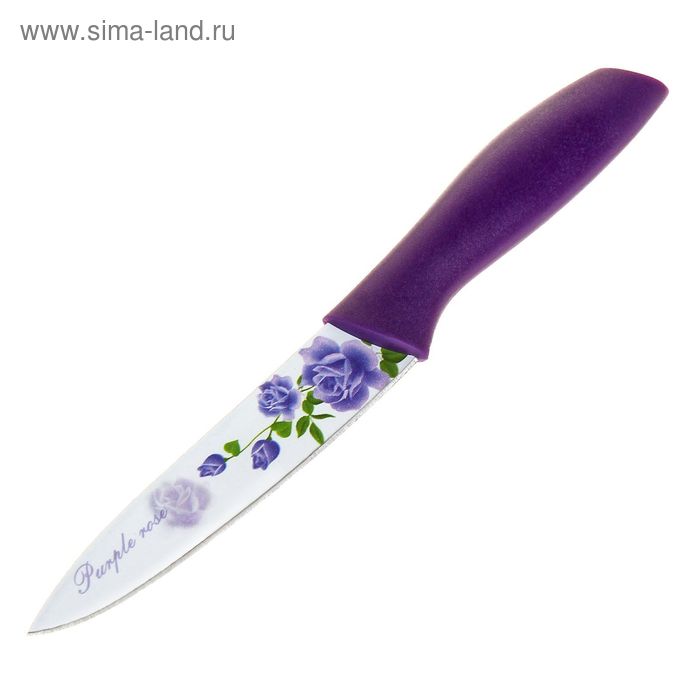 Нож кухонный с антиналипающим покрытием Доляна «Сиреневая роза», лезвие 10,5 см, цвет фиолетовый - Фото 1