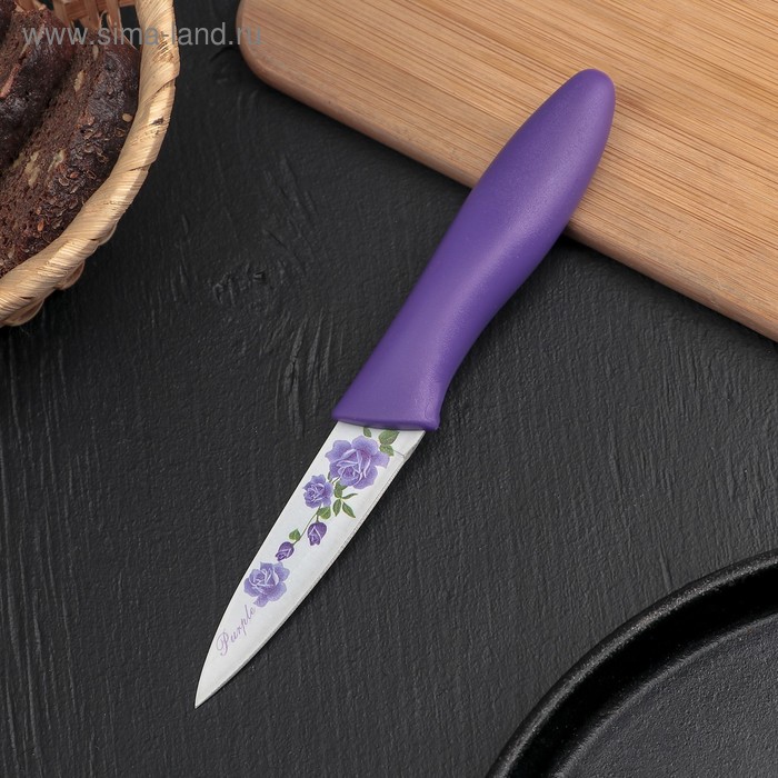 Нож кухонный с антиналипающим покрытием Доляна «Сиреневая роза», лезвие 8 см, цвет фиолетовый - Фото 1