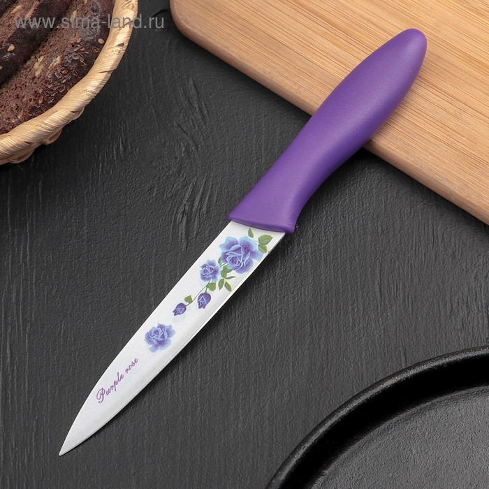 Нож кухонный с антиналипающим покрытием Доляна «Сиреневая роза», лезвие 13 см, цвет фиолетовый - Фото 1
