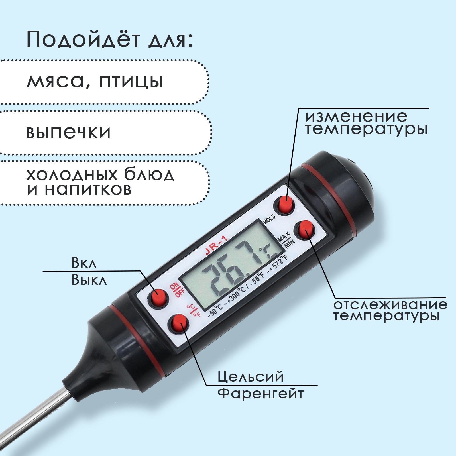 Термометр (термощуп) электронный на батарейках, в чехле (1030246 ...