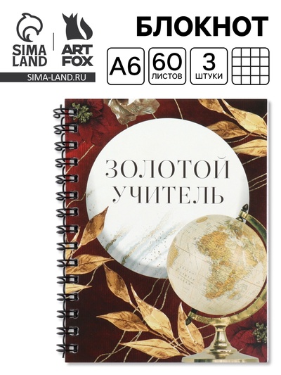 Блокнот А6, 60 л., на спирали, набор 3 шт. «Золотой учитель»