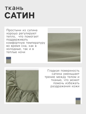Простыня на резинке 220ТС Этель 160*200+30 см, цв.олива, сатин, 100% хлопок