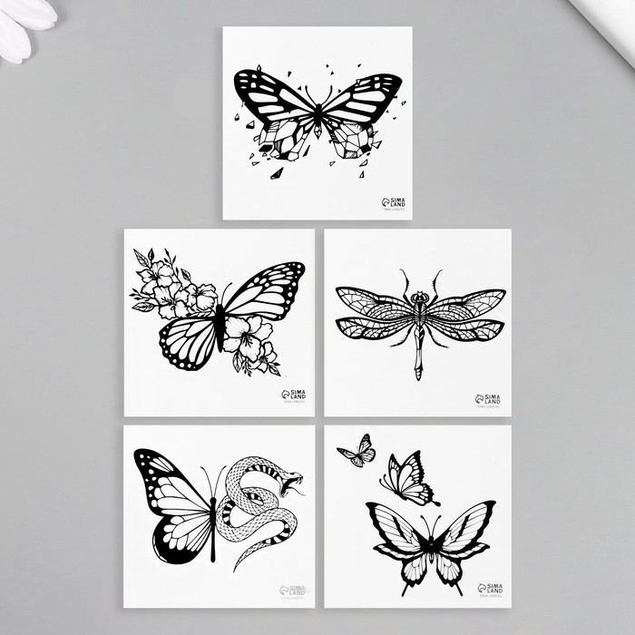 Татуировка на тело чёрная "Бабочки" набор 5 шт 6х6 см - Фото 1