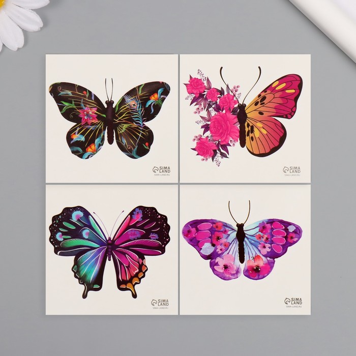 Татуировка на тело чёрная "Бабочки с цветами" набор 4 шт 6х6 см - Фото 1