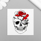 Татуировка на тело чёрно-красная "Череп с розой" 6х6 см - фото 321814375