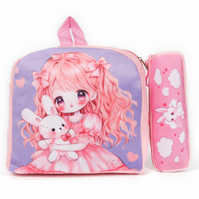 Рюкзак детский плюшевый с пеналом "Аниме девочка", 24*24 см, цвет розовый