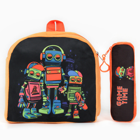 Рюкзак детский плюшевый с пеналом "Роботы", 24*24 см, цвет оранжевый