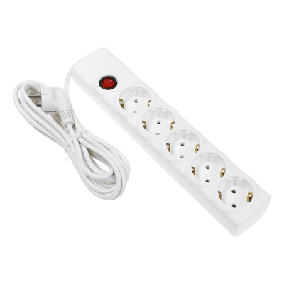 Сетевой фильтр Luazon Lighting, 5 розеток, 5 м, 2200 Вт, 3×0.75 мм2, 10 A, 220 В, c предохранителем, белый