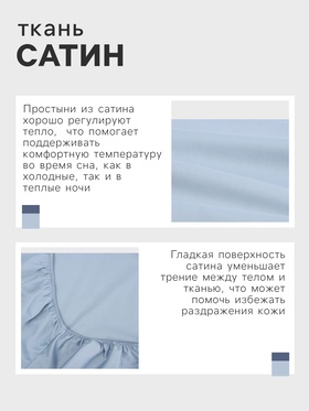 Простыня на резинке 220ТС Этель 160*200+30 см, цв.голубой, сатин, 100% хлопок