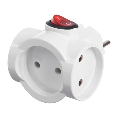 Тройник электрический с выключателем, 10 A, без заземления, 220 В, белый