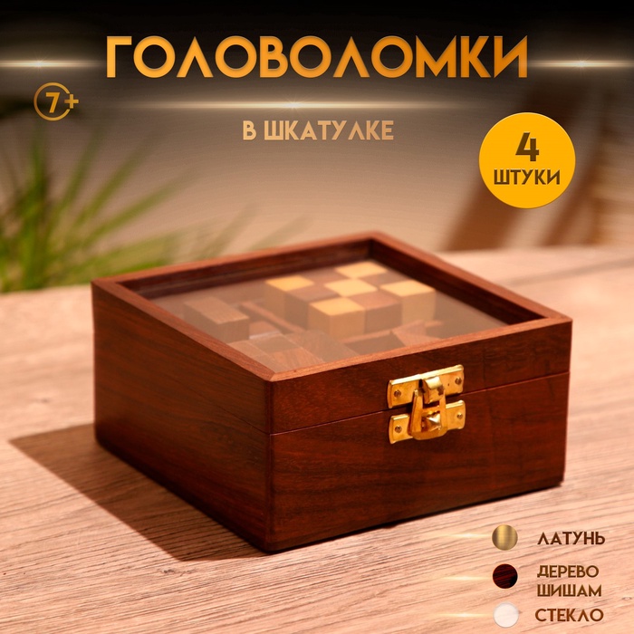 Головоломки в шкатулке, набор 4 шт., 12×13×6 см, дерево шишам - Фото 1