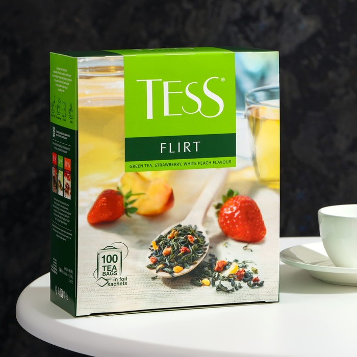 Чай зелёный TESS FLIRT со вкусом клубники и белого персика, 150 г - Фото 1