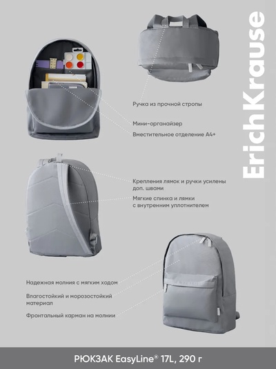 Рюкзак молодёжный 39×29×13 см, Erich Krause EasyLine 17L, Pastel Bloom