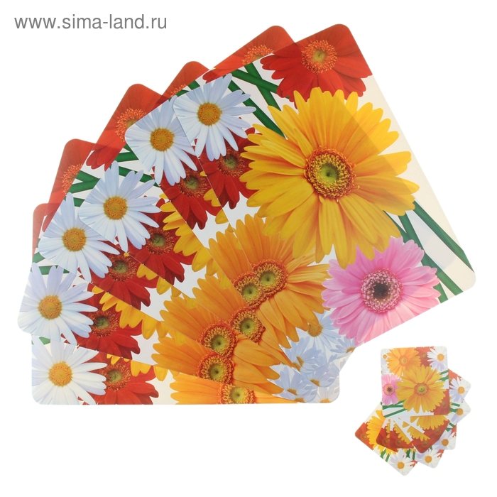 Набор салфеток сервировочных на стол Доляна «Разноцветные герберы», 12 шт: (6 шт - 42×27 см), (6 шт - 9×9 см) - Фото 1