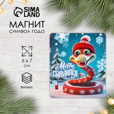 Новогодний магнит винил "Змейка. Мечты сбываются" 6х7 см
