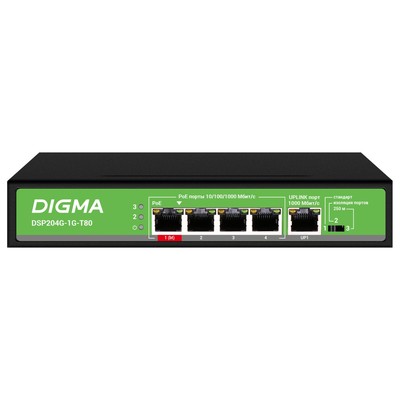 Коммутатор Digma DSP204G-1G-T80 5x1Гбит/с 4PoE 4PoE+ 1PoE++ 80W неуправляемый