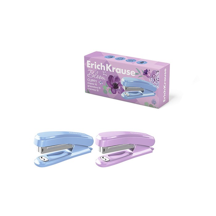 Степлер ErichKrause Clippy Pastel Bloom № 10, до 15 листов, компактный, встроенный антистеплер, микс