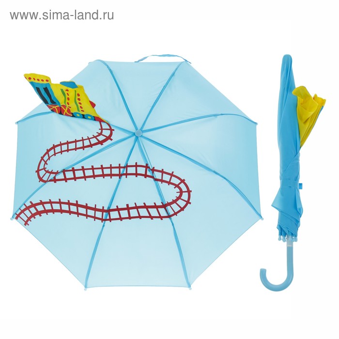 Зонт детский механический "Паровозик", r=35см, с объёмной фигурой, цвет голубой - Фото 1