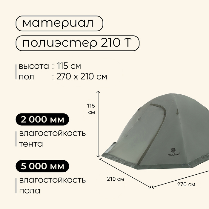 Палатка туристическая, треккинговая maclay VALDAI 2, 2-местная, с тамбуром