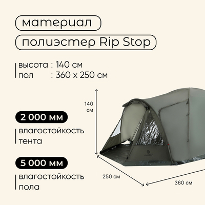 Палатка туристическая 4-местная maclay KAVKAZ 4, 360×250×140 см, трекинговая, двухслойная, с тамбуром, зелёная