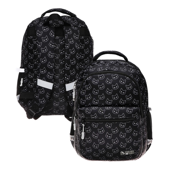 Рюкзак школьный, с эргономичной спинкой, 39х27х16, Seventeen, универсальный, чёрный - Фото 1