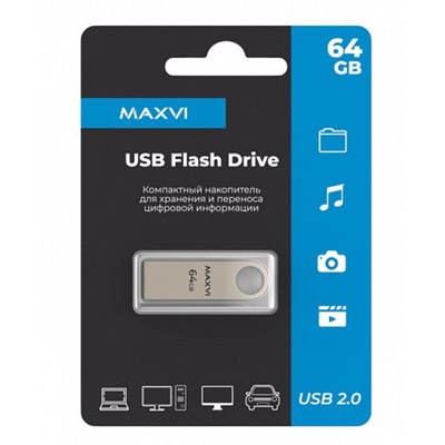 Флешка 64 ГБ Maxvi MK Metallic silver, монолит, металл, FD64GBUSB20C10MK