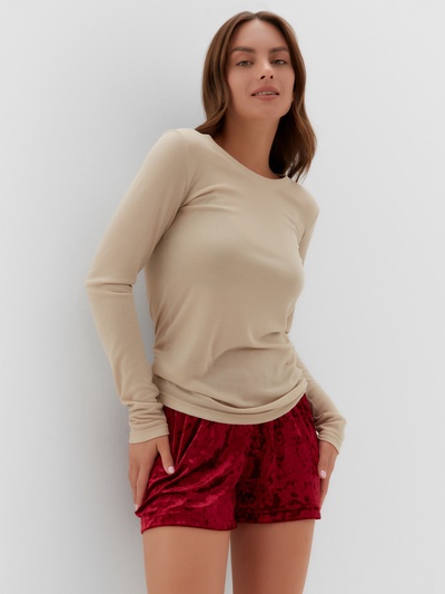 Пижама женская (лонгслив, шорты) KAFTAN «Бархат», размер 40-42, цвет бордовый, бежевый