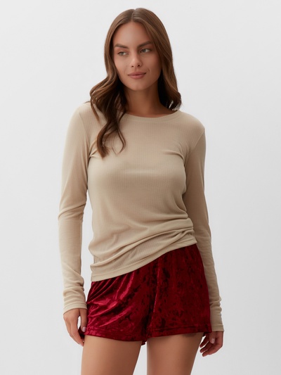 Пижама женская (лонгслив, шорты) KAFTAN «Бархат», размер 48-50, цвет бордовый, бежевый