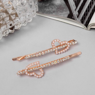 Невидимки для волос «Глория», набор 2 шт., сердце, 6 см, розовое золото