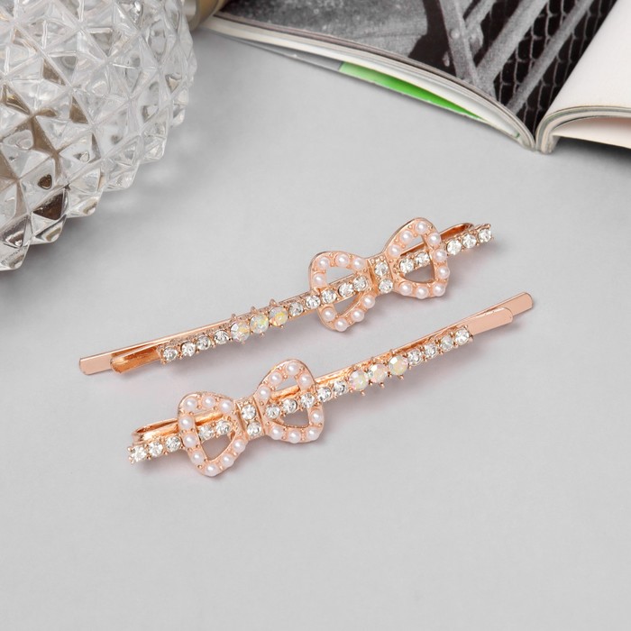 Невидимки для волос «Глория», набор 2 шт., бант, 6 см, розовое золото - Фото 1