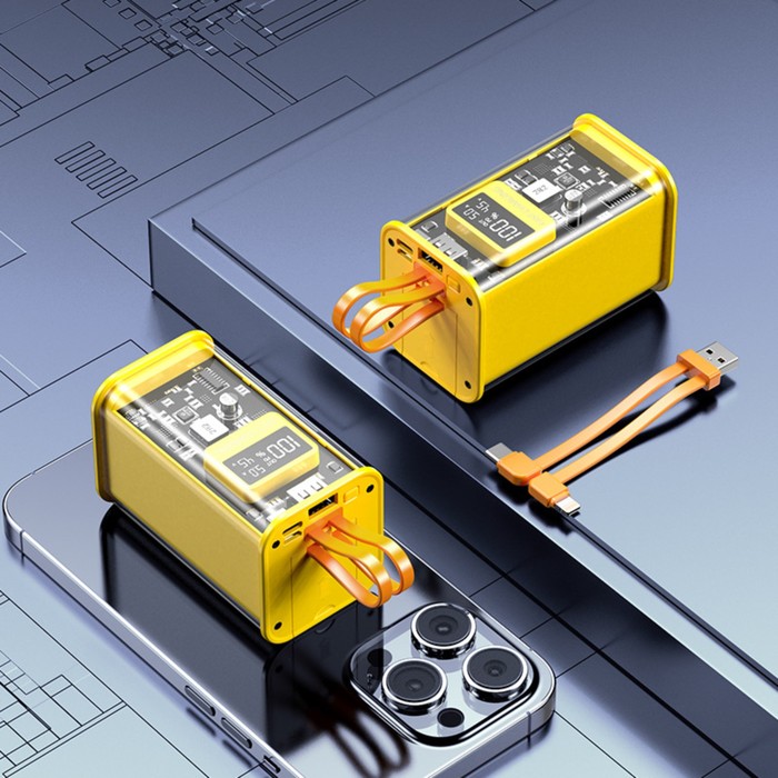 

Внешний аккумулятор CRR-30, 10000 мАч, 2USB, 3А, дисплей, QC, кабелиType-C+Lightning, желтый