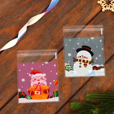 Пакет подарочный новогодний БОПП с липкой лентой, «Снеговик и Дед Мороз», 10×10+3 см