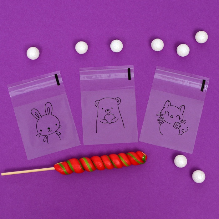 Пакет БОПП с липкой лентой, «Милые животные», 7×7+3 см - Фото 1