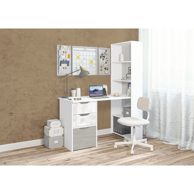 Стол письменный «Мико», со стеллажом, 3 ящика, 1340×620×1720 мм, цвет белый/белый глянец/бетонный камень