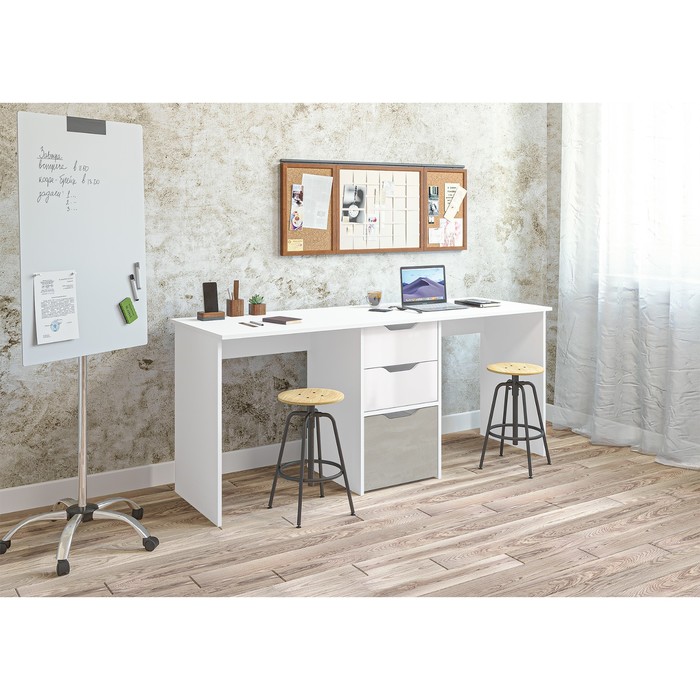 Стол письменный тандем «Мико», 3 ящика, 1760×584×750 мм, цвет белый/белый глянец/бетонный камень - Фото 1