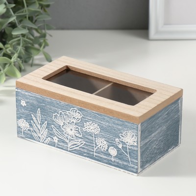 Шкатулка для чая 2 деления «Полевые растения», дерево, синяя, 8.8×16.2×7 см