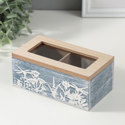 Шкатулка для чая 2 деления «Стрекозы и цветы», дерево, синяя, 8.8×16.2×7 см