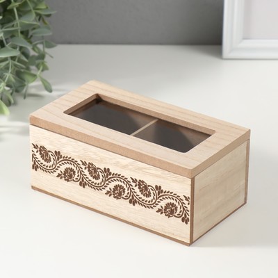 Шкатулка для чая 2 деления «Цветочный узор», дерево, 8.8×16.2×7 см