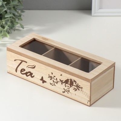 Шкатулка для чая 3 деления «Птицы на ветке», дерево, 9.7×24×7 см