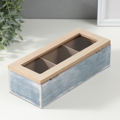 Шкатулка для чая 3 деления «Птицы на ветке», дерево, синяя, 9.7×24×7 см