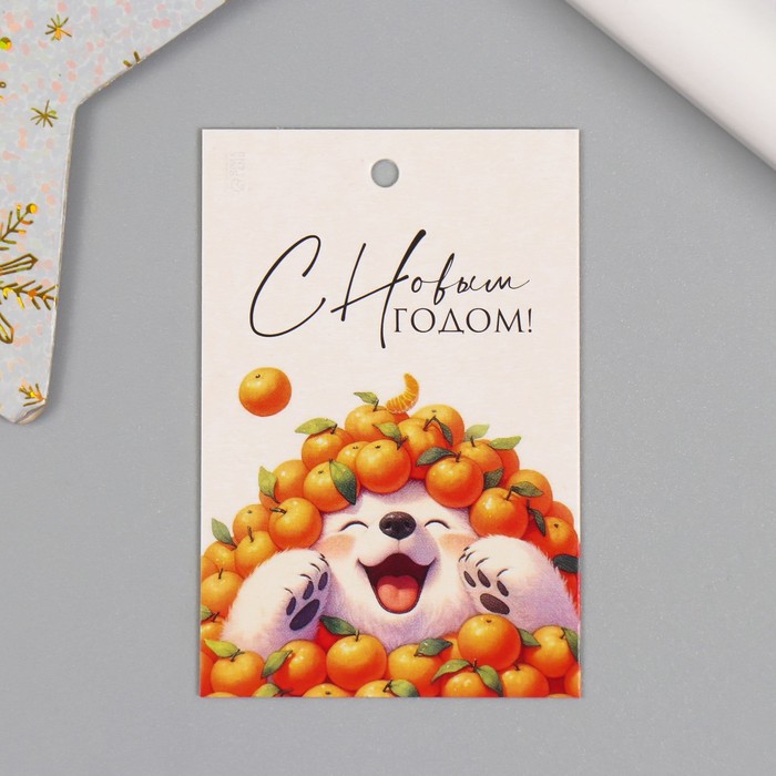 Бирка картон "Мишка в мандаринах" 4х6 см - Фото 1