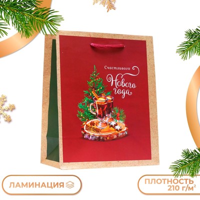 Пакет подарочный новогодний ламинированный «Глинтвейн», 18×22.3×10 см