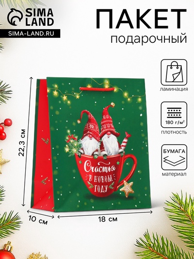 Пакет подарочный новогодний ламинированный «Братья эльфы», 18×22.3×10 см