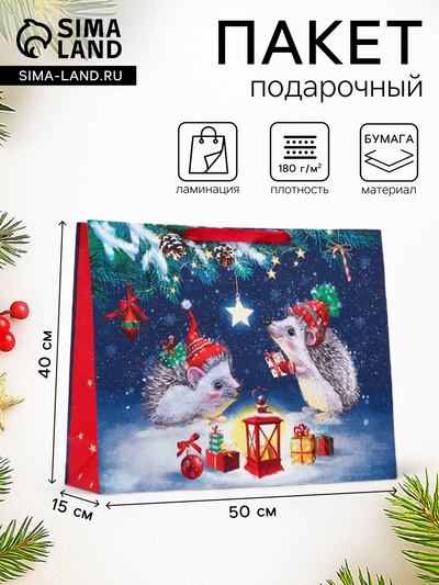 Пакет подарочный новогодний ламинированный «Ёжики», 50×40×15 см