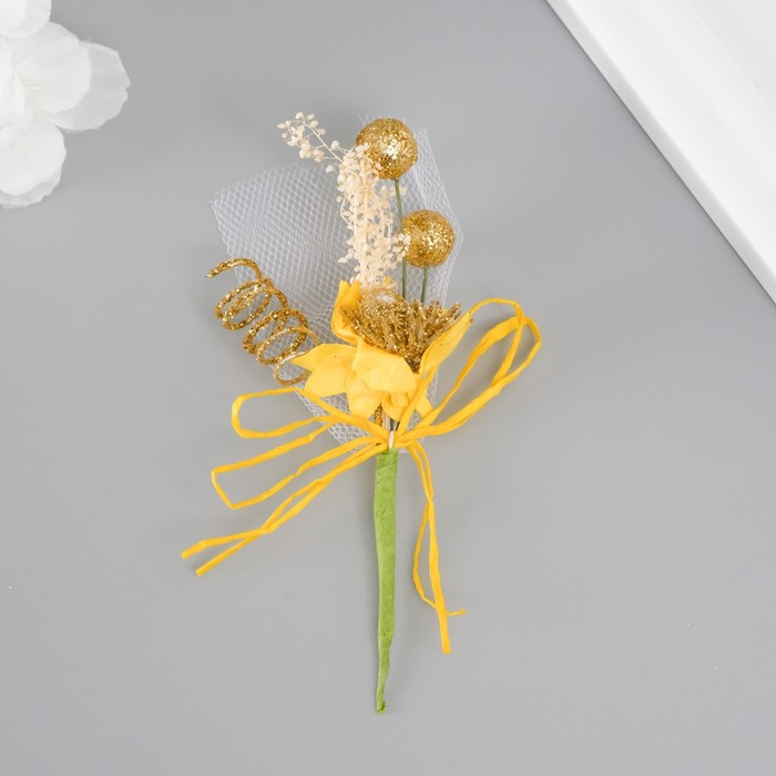 Набор декоративных букетиков (12 шт) "Хризантема" с блеском, 5х9 см, желтый - Фото 1