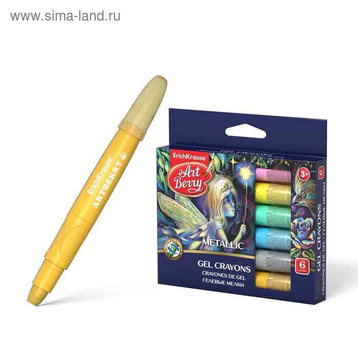 Мелки гелевые выкручивающиеся 6 цветов Artberr y Twist metallic, суперяркие, цвета металлик, диаметр 10мм, европодвес - Фото 1