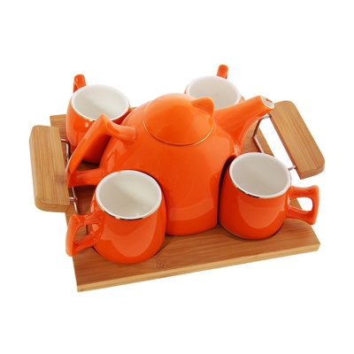 Чайный набор "Георгина": 4 кружки 140 мл, чайник 680 мл, цвет оранжевый, на подставке