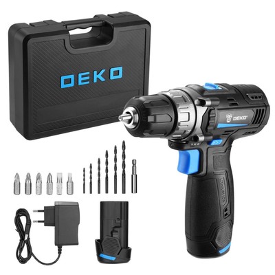 Дрель-шуруповерт DEKO DKCD12V PRO, 12 В, 2х2 Ач, 400/1500 об/мин, кейс + оснастка 13 шт.