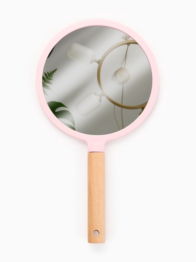 Зеркало с ручкой, 14×25 см, (d=12.5 см), розовое